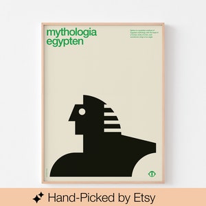MYTHOLOGY Ägypten Sphinx Poster Druck Mitte des Jahrhunderts moderne Reise Kairo Schoo Karte Pharao Statue Abstrakter Löwe Bauhaus Hieroglyphe lateinisch-arabisch
