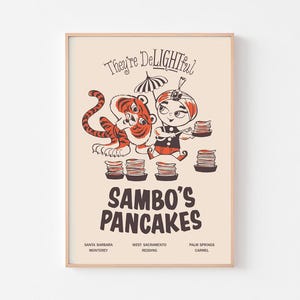 Póster de Sambo's Pancakes, estilo moderno de mediados de siglo, estilo espacial, Palm Springs, Shag, menú, ilustración artística, café de la India, restaurante californiano, Los Picapiedra
