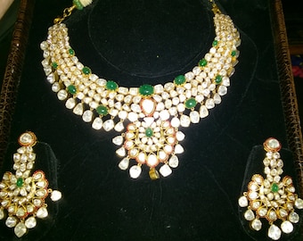 Vintage Style Natural Emerald and Uncut Diamond Necklace Set 14K Solid Gold