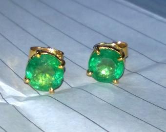 Colombian Emerald Studs, 14K Solid Gold Earrings, Natural Untreated