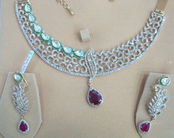 Exclusive 14.18 Ct Real Diamond Bridal Necklace Set , In 14K Solid Yellow Gold With Natural Ruby