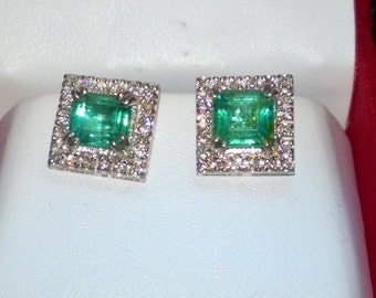 Natural Colombian Emerald and Diamond 14K Gold Stud Earrings