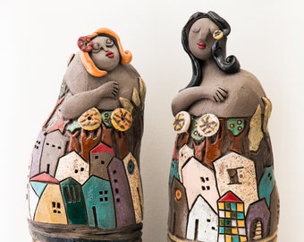 Women ceramic sculpture , set of two female ceramic figures / figurative sculpture / Israeli art / Handmade art object