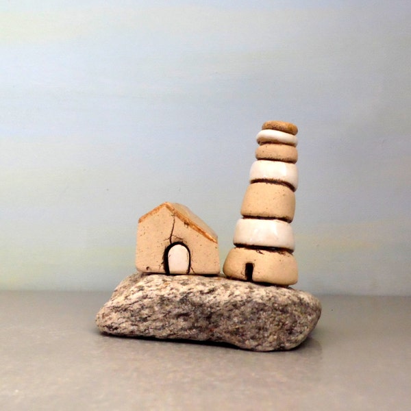 Ceramic lighthouse , White and yellow home decor lighthouse , Little cottage , Natural beach stone sculpture , Israeli Ceramics and pottery