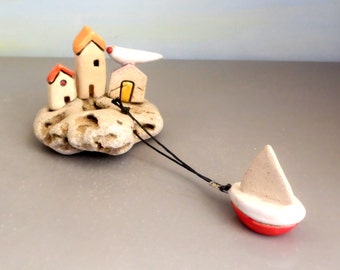 Man accessories for the office , ceramics sculpture , ceramics and pottery art and collectibles , miniature houses , rustic beach cottage