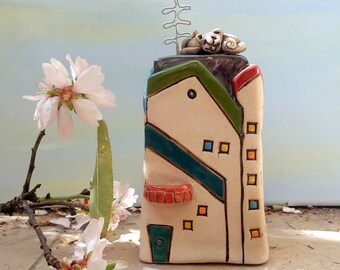 One of a kind hand made ceramic sculpture of a miniature colorful house. Unique anniversary or a housewarming gift, Architect gift, Houses