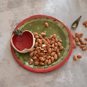 Jüdisches neues Jahr-grünes und rotes Tellerset für Apfel und Honig, Handgemaltes Geschirr für Rosh Haschana, Einweihungsgeschenk für die Gastgeberin