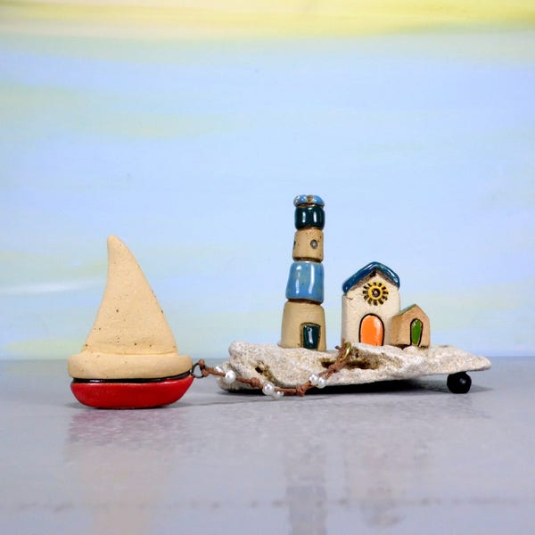 Fantasy home decor, Miniature, Sculpture, Little lighthouse, Little house, Beach art, Ceramic sail boat ,Natural stone , Whimsical gift, Dad