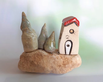 Miniature ceramic house and three tries on a natural mountain stone,  Mediterranean style gift from Israel