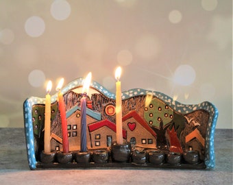 Hanukkiah, Regalo di nozze ebraico, Hanukkia in ceramica, Regalo per le festività ebraiche, OOAK Chanukiah, Regalo israeliano, Regalo Hanukkah, Luci Hanukkah, Menorah