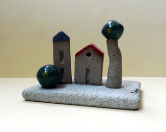 Ceramic Miniature House Sculpture, Mediterranean Pottery Landscape