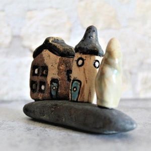 Ceramic gift of a miniature home decor, Ceramic house and tower on a natural stone, Birthday gift for dad, Teacher's gift, Office decor image 4