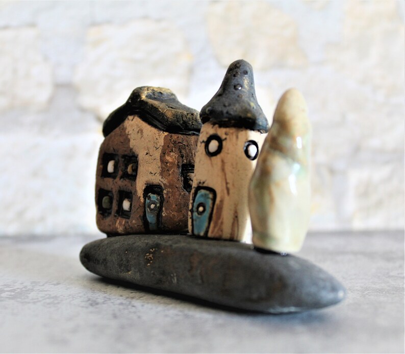 Ceramic gift of a miniature home decor, Ceramic house and tower on a natural stone, Birthday gift for dad, Teacher's gift, Office decor image 4