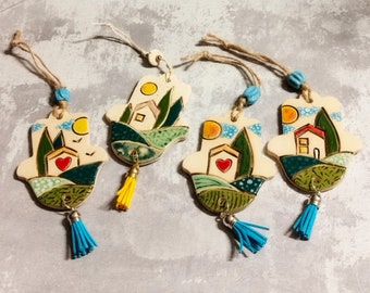 Small hanging wall decor, Unique hand made ceramic Hamsa with an Israeli houses landscape in vivid colors, Israeli Hamsa Wall Decor, Charm