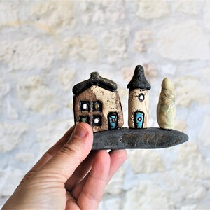 Ceramic gift of a miniature home decor, Ceramic house and tower on a natural stone, Birthday gift for dad, Teacher's gift, Office decor image 6