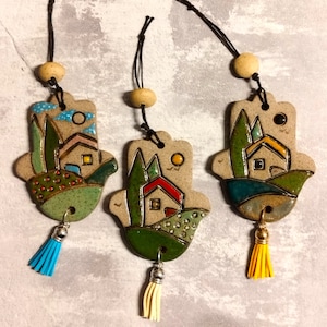 Small hanging decor, Unique handmade ceramic Hamsa with Israeli houses landscape, Israeli Hamsa Wall Decor, Good Luck Charm, Oriental Charm