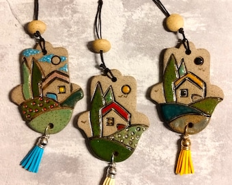 Handmade Ceramic Hamsa Wall Decor, Israeli Good Luck Charm