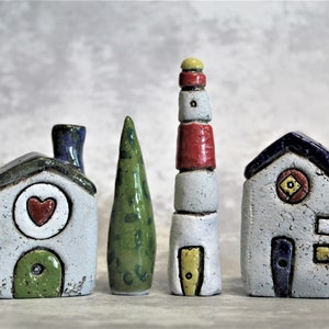 Set of small city rustic houses and lighthouse, Blue clay village houses, Architect gift