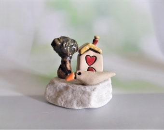Miniature house sculpture with a bird and a tree on a quartz stone, Clay anniversary gift, Gift for mother