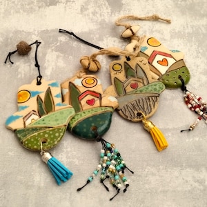 Small hanging wall decor, Unique hand made ceramic Hamsa with an Israeli houses landscape in vivid colors, Israeli Hamsa Wall Decor, Charm