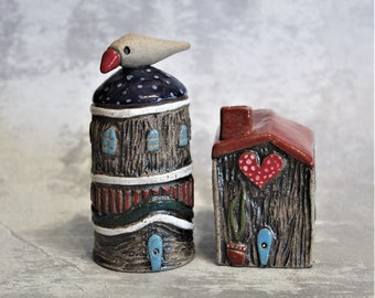 Set of two ceramic buildings, Clay house and a clay tower with a bird on top. Unique art decor for the home or office and a OOAK gift