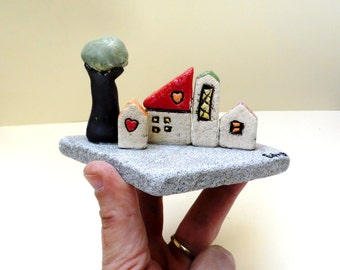 Handmade Ceramic Miniature Neighborhood with Oak Tree on Sea Pottery - Unique Housewarming Gift