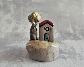 Small sculpture of a gray rustic house and a tree, Ceramic miniature home decor