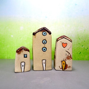 Set of three brown clay houses, Rustic home decor, Small ceramic house, Ceramics and pottery, Miniature house, Housewarming gift for mom
