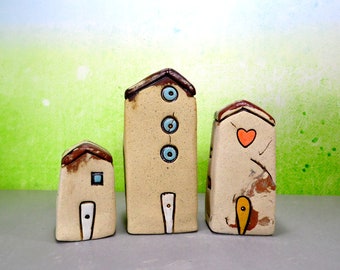 Set of three brown clay houses, Rustic home decor, Small ceramic house, Ceramics and pottery, Miniature house, Housewarming gift for mom