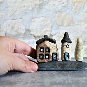 Ceramic gift of a miniature home decor, Ceramic house and tower on a natural stone, Birthday gift for dad, Teacher's gift, Office decor image 3