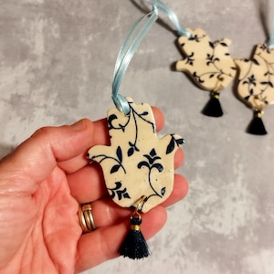 SET Tiny hanging wall decor, Unique hand made ceramic Hamsa, Blue and White Hamsa, Israeli Hamsa Wall Decor, Hanging Charm, Small Gift Ideas