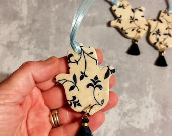 SET Tiny hanging wall decor, Unique hand made ceramic Hamsa, Blue and White Hamsa, Israeli Hamsa Wall Decor, Hanging Charm, Small Gift Ideas