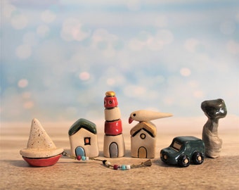 DIY, Miniatur Stranddorf mit einem Boot, Machen Sie Ihre eigene Miniaturskulptur aus wenigen Elementen zusammen