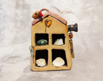 Small Ceramic House, Miniature Storage House, Shelf Sitter & Wall Hanging, House Art Collectibles, Ceramic Home Decor, Stone Lover Gift
