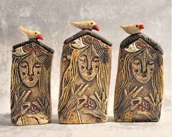 One ceramic house with woman picture in front, Woman art object, Rustic home decor