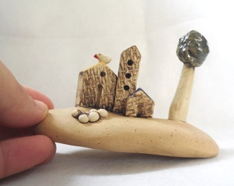 Miniature rustic houses, ceramic miniature house, houses and dolls, ceramic bird, dove and a tree, ceramics and pottery, housewarming gift