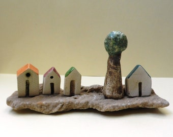 Rustic white miniature houses and olive  tree, Ceramic miniature white clay, on beach stone. gift for him, home and office decoration.