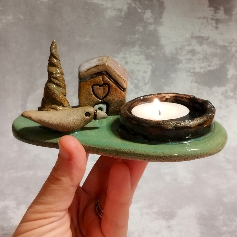 Small handmade dish for candle or jewelry keeping, Tea light holder, Small gift for her, Whimsical ceramic gift, Ring holder, Candle holder Bird on ground