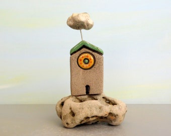 Cottage chic sculpture , Shelf sitter of a little rustic Tuscan house , Whimsical building , Collectible ceramic cracked home