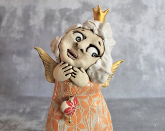 Fine Art Ceramics, Christmas Figurine, Ceramic Figurine, Angel Figurine, Angel Art Sculpture, Ceramic Angel, Ceramic Sculpture, Orange Angel