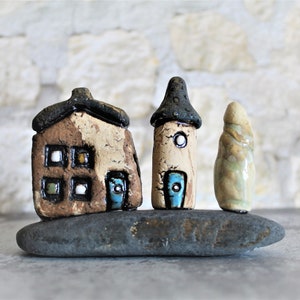 Ceramic gift of a miniature home decor, Ceramic house and tower on a natural stone, Birthday gift for dad, Teacher's gift, Office decor image 5