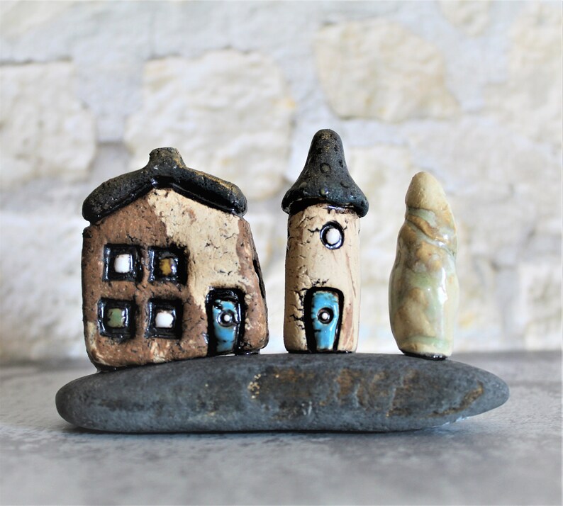 Ceramic gift of a miniature home decor, Ceramic house and tower on a natural stone, Birthday gift for dad, Teacher's gift, Office decor image 5