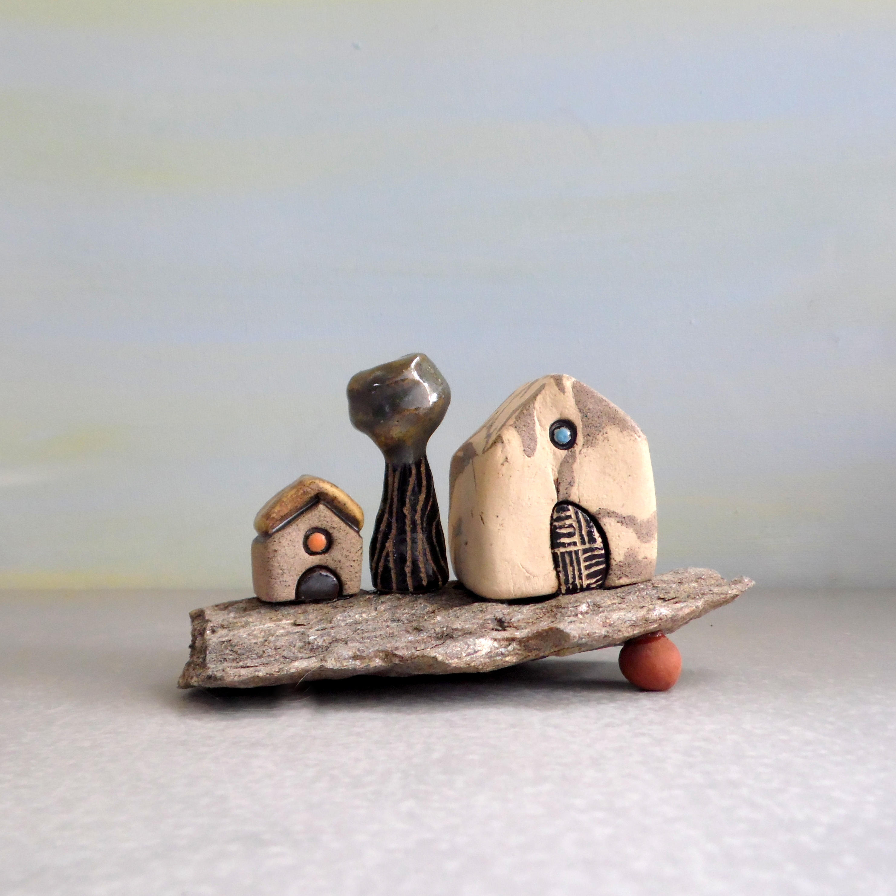 Miniature Ceramic House Sculpture, Beach Cottage Art, Mediterranean Decor