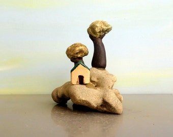 Miniature Ceramic House Sculpture, Beach Stone Base, Rustic Home Decor