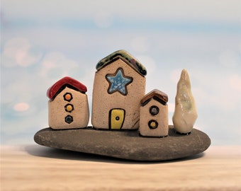 Ceramic houses and a tree on a natural Stone, Original art object, Ceramic houses home decor