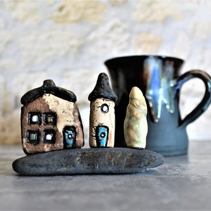 Ceramic gift of a miniature home decor, Ceramic house and tower on a natural stone, Birthday gift for dad, Teacher's gift, Office decor image 7