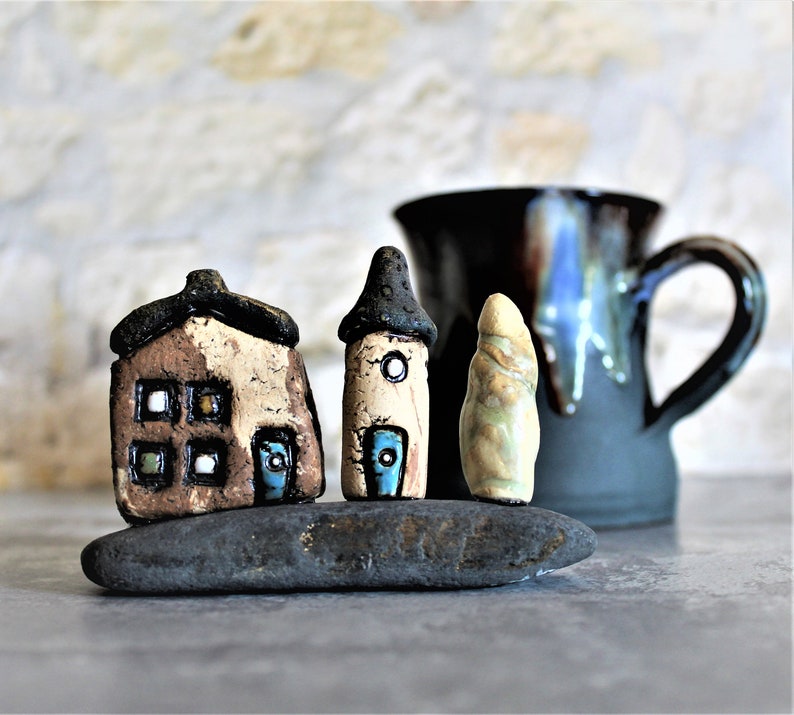 Ceramic gift of a miniature home decor, Ceramic house and tower on a natural stone, Birthday gift for dad, Teacher's gift, Office decor image 7