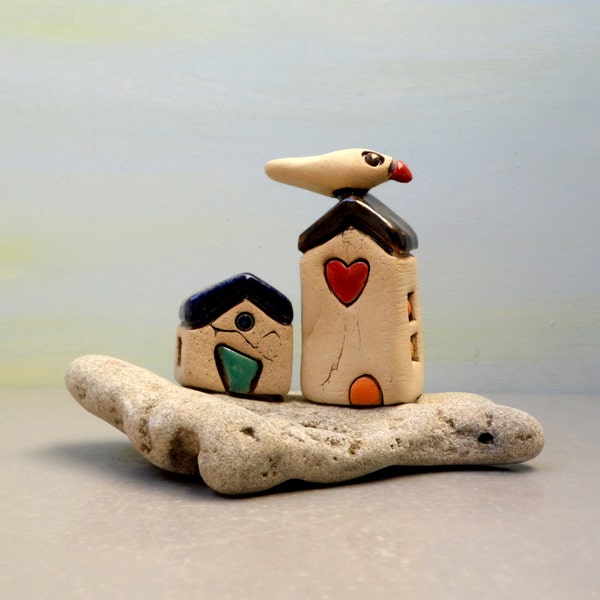 Ceramic home decor and a romantic gift , couple white houses with ceramic bird , red heart , Love gift , Housewarming gift , Beach art