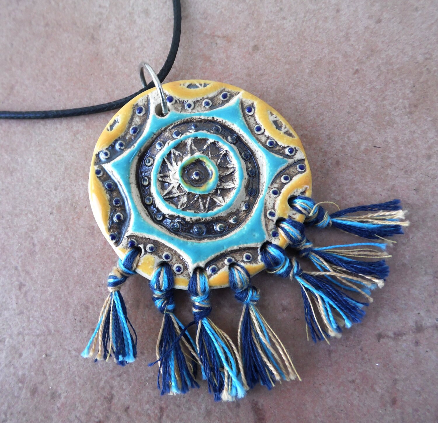 Oriental ceramic pendant tribal jewelry Boho chic necklace