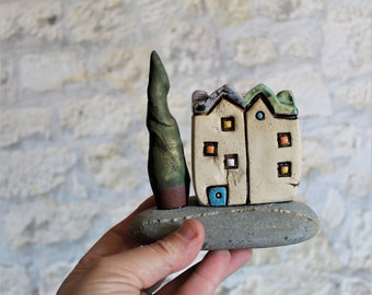 Small rustic art home decor of clay village house with a tree on a natural gray stone, Unique gift idea, Architect gift